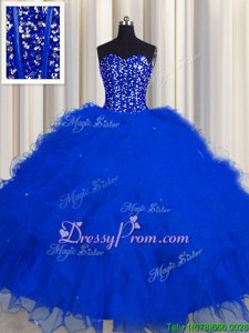 High Quality Floor Length Lace Up Quinceanera Gown Royal Blue and In forMilitary Ball and Quinceanera withBeading and Ruffles and Sequins