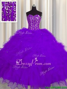 Spring and Summer and Fall and Winter Tulle Sleeveless Floor Length Sweet 16 Dress andBeading and Ruffles and Sequins
