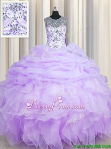 Scoop Sleeveless Ball Gown Prom Dress Floor Length Beading and Ruffles and Pick Ups Lavender Organza