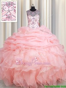 Sweet Baby Pink Ball Gowns Scoop Sleeveless Organza Floor Length Lace Up Beading and Ruffles and Pick Ups Quinceanera Dress