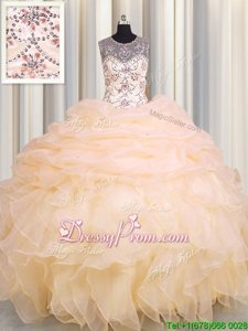 Clearance Peach Ball Gowns Scoop Sleeveless Organza Floor Length Lace Up Beading and Ruffles and Pick Ups Quinceanera Dresses