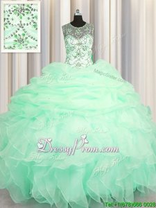 Excellent Apple Green Lace Up Scoop Beading and Ruffles and Pick Ups 15th Birthday Dress Organza Sleeveless