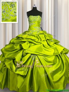 High Class Yellow Green Sleeveless Floor Length Beading and Pick Ups Lace Up Ball Gown Prom Dress