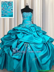Exquisite Aqua Blue Strapless Neckline Appliques and Pick Ups Sweet 16 Dress Sleeveless Lace Up