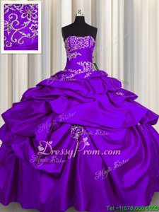 Best Selling Strapless Sleeveless Lace Up 15 Quinceanera Dress Purple Taffeta