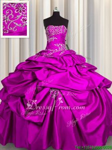 Sumptuous Fuchsia Lace Up Strapless Appliques and Pick Ups Ball Gown Prom Dress Taffeta Sleeveless
