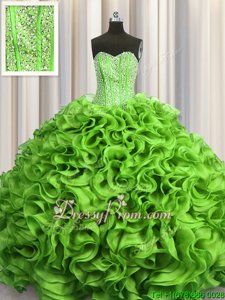 Chic Floor Length Spring Green Sweet 16 Dress Organza Sleeveless Spring and Summer and Fall and Winter Beading and Ruffles