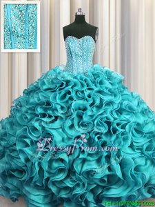 Noble Floor Length Lace Up Sweet 16 Dress Aqua Blue and In forMilitary Ball and Sweet 16 and Quinceanera withBeading and Ruffles