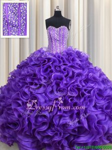 Modest Sleeveless Organza Floor Length Lace Up Sweet 16 Quinceanera Dress inPurple forSpring and Summer and Fall and Winter withBeading and Ruffles
