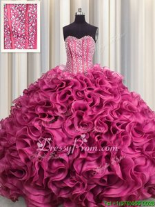 Dazzling Hot Pink Sleeveless Beading and Ruffles Floor Length Sweet 16 Quinceanera Dress