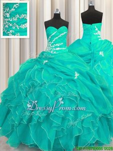 Comfortable Sleeveless Floor Length Beading and Appliques and Ruffles Lace Up Ball Gown Prom Dress with Turquoise