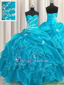 Hot Sale Floor Length Lace Up Vestidos de Quinceanera Aqua Blue and In forMilitary Ball and Sweet 16 and Quinceanera withBeading and Appliques and Ruffles