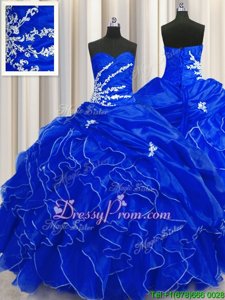 High End Royal Blue Ball Gowns Organza Sweetheart Sleeveless Beading and Appliques and Ruffles Floor Length Lace Up Sweet 16 Quinceanera Dress
