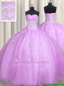 Lavender Ball Gowns Sweetheart Sleeveless Organza Floor Length Zipper Beading and Appliques Sweet 16 Quinceanera Dress