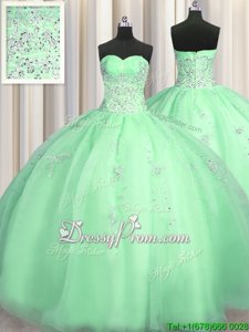 High End Apple Green Organza Zipper Sweetheart Sleeveless Floor Length Vestidos de Quinceanera Beading and Appliques