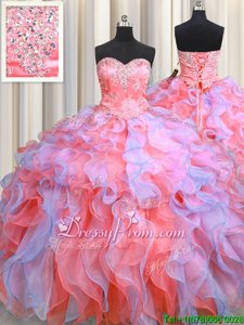 Gorgeous Multi-color Ball Gowns Beading and Appliques and Ruffles Quince Ball Gowns Lace Up Organza Sleeveless Floor Length