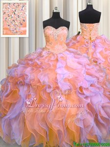Popular Sweetheart Sleeveless Quinceanera Dress Floor Length Beading and Appliques and Ruffles Multi-color Organza