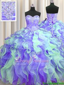 Attractive Sleeveless Floor Length Beading and Appliques and Ruffles Lace Up Quinceanera Gowns with Multi-color