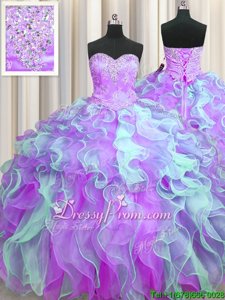 Amazing Sleeveless Floor Length Beading and Appliques and Ruffles Lace Up Quinceanera Dresses with Multi-color