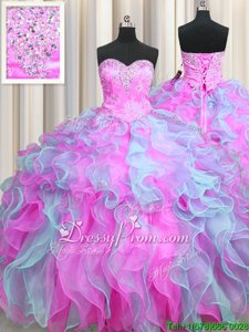 Enchanting Multi-color Lace Up Vestidos de Quinceanera Beading and Appliques and Ruffles Sleeveless Floor Length