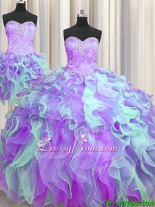 Eye-catching Multi-color Organza Lace Up Sweetheart Sleeveless Floor Length Quinceanera Gown Beading and Appliques