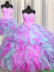 Excellent Multi-color Organza Lace Up Sweetheart Sleeveless Sweet 16 Dresses Beading and Ruffles