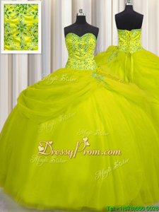 Perfect Tulle Sweetheart Sleeveless Lace Up Beading Sweet 16 Dress inYellow Green