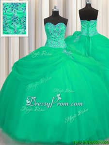 Designer Turquoise Ball Gowns Tulle Sweetheart Sleeveless Beading Floor Length Lace Up Vestidos de Quinceanera