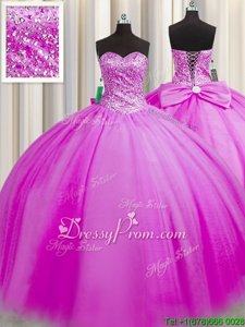 Fashionable Lilac Ball Gowns Sweetheart Sleeveless Tulle Floor Length Lace Up Beading 15th Birthday Dress