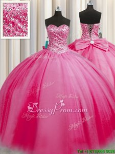Beauteous Rose Pink Lace Up Sweetheart Beading Quinceanera Dress Tulle Sleeveless