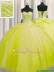 Fabulous Sleeveless Floor Length Beading Lace Up Sweet 16 Dresses with Yellow Green and Light Yellow