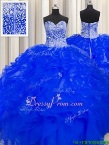 Sweetheart Sleeveless Quinceanera Gown Floor Length Beading and Ruffles Royal Blue Organza