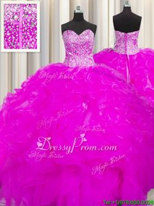 Modest Spring and Summer and Fall and Winter Organza Sleeveless Floor Length Quinceanera Gown andBeading and Ruffles