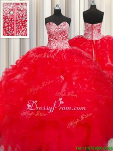 Red Sleeveless Organza Lace Up Quinceanera Gowns forMilitary Ball and Sweet 16 and Quinceanera