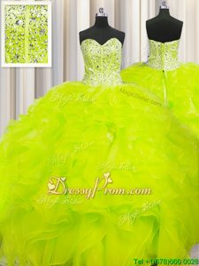 Low Price Yellow Ball Gowns Sweetheart Sleeveless Organza Floor Length Lace Up Beading and Ruffles Quince Ball Gowns