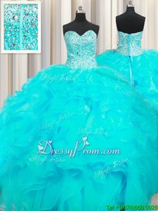 Extravagant Ball Gowns 15th Birthday Dress Aqua Blue Sweetheart Organza Sleeveless Floor Length Lace Up