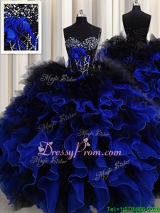 Adorable Sleeveless Organza Floor Length Lace Up Quinceanera Gowns inBlue And Black forSpring and Summer and Fall and Winter withBeading and Ruffles