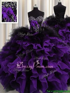 Designer Black And Purple Ball Gowns Beading and Ruffles Sweet 16 Quinceanera Dress Lace Up Organza Sleeveless Floor Length