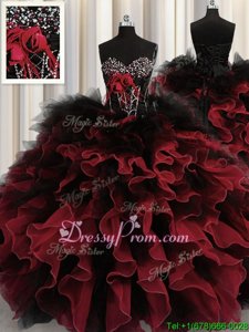 Edgy Red And Black Lace Up 15 Quinceanera Dress Beading and Ruffles Sleeveless Floor Length