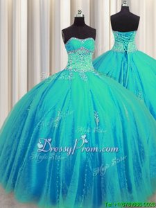 Ideal Floor Length Lace Up Ball Gown Prom Dress Aqua Blue and In forMilitary Ball and Sweet 16 and Quinceanera withBeading and Appliques