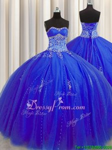 Glorious Sleeveless Tulle Floor Length Lace Up Quince Ball Gowns inRoyal Blue forSpring and Summer and Fall and Winter withBeading and Appliques