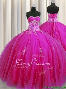 Captivating Sleeveless Tulle Floor Length Lace Up Vestidos de Quinceanera inFuchsia forSpring and Summer and Fall and Winter withBeading and Appliques