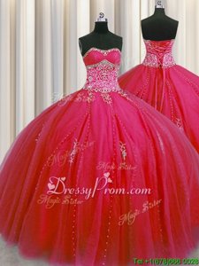 Luxurious Beading and Appliques Quinceanera Dress Red Lace Up Sleeveless Floor Length
