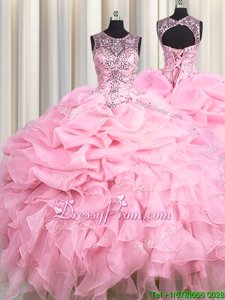 Spectacular Baby Pink Scoop Neckline Beading and Ruffles and Pick Ups Ball Gown Prom Dress Sleeveless Lace Up