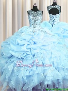 Luxury Light Blue Organza Lace Up Quinceanera Dress Sleeveless Floor Length Beading and Ruffles and Pick Ups