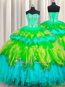 Extravagant Floor Length Multi-color 15 Quinceanera Dress Tulle Sleeveless Spring and Summer and Fall and Winter Beading and Ruffles and Ruffled Layers and Sequins