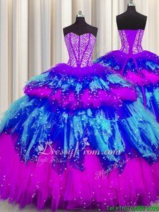 Eye-catching Multi-color Tulle Lace Up Sweetheart Sleeveless Floor Length Quinceanera Dresses Beading and Ruffles and Ruffled Layers and Sequins