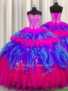 Glittering Tulle Sweetheart Sleeveless Lace Up Beading and Ruffles and Ruffled Layers and Sequins Vestidos de Quinceanera inMulti-color