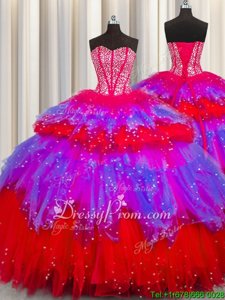 Great Spring and Summer and Fall and Winter Tulle Sleeveless Floor Length Quinceanera Gown andBeading and Ruffles and Ruffled Layers and Sequins