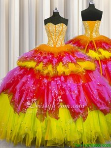 Hot Sale Multi-color Sweetheart Neckline Beading and Ruffles and Ruffled Layers and Sequins Quince Ball Gowns Sleeveless Lace Up